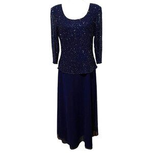 Vintage 80s Laurence Kazar Beaded Top Maxi Dress L Navy Blue Christmas Party NYE